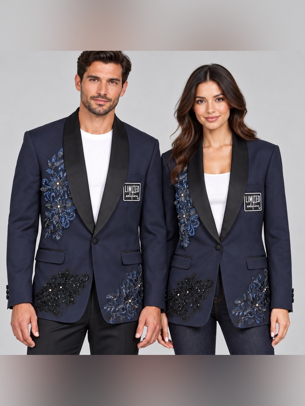 Upcycled unisex Navy Satin-Lapel Embroidered Blazer size 42 r or size M